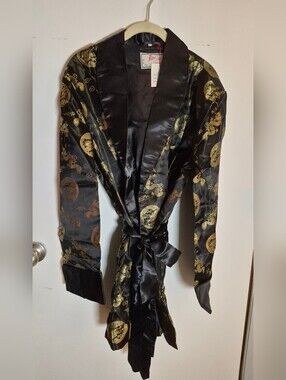Authentic Vintage Black Satin Kimono-Style Robe with Gold Dragon Motif For Woman